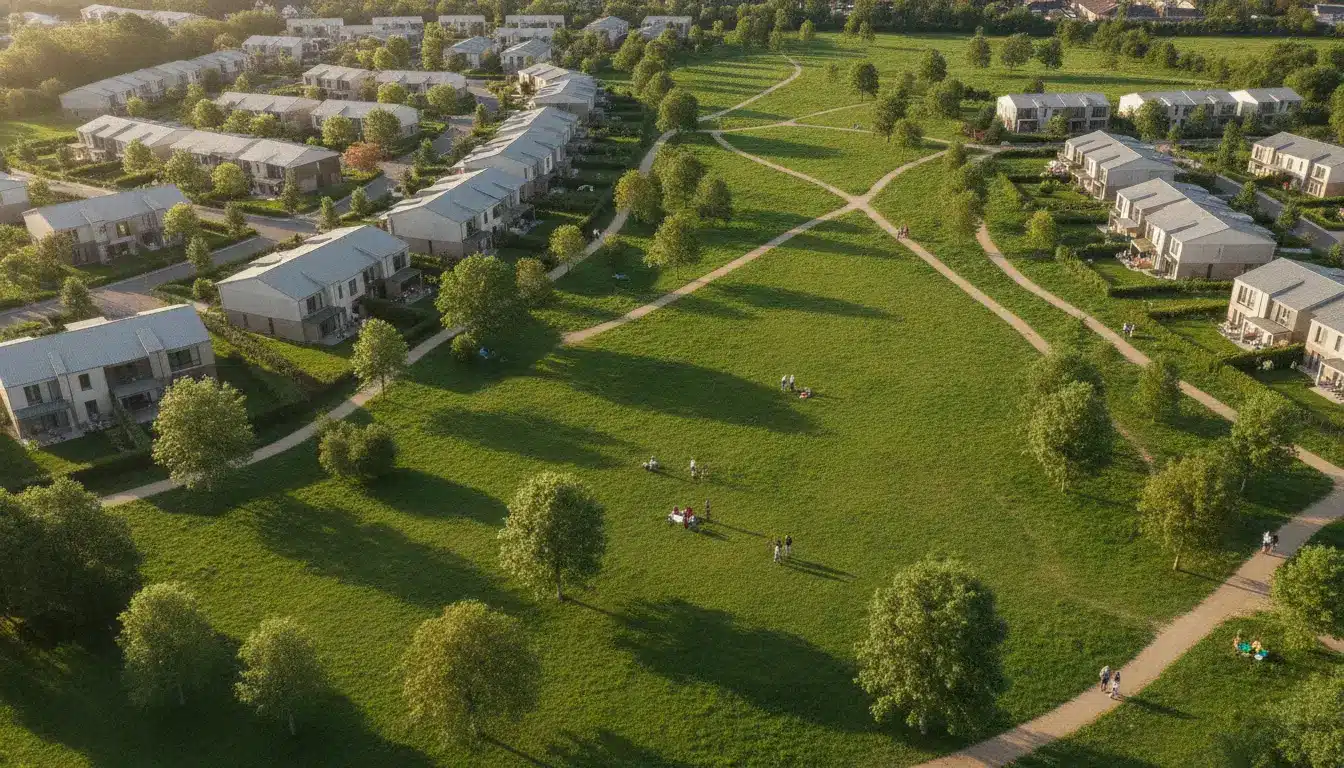 Aerial view of suburban neighborhood with rows of houses and expansive green parkland