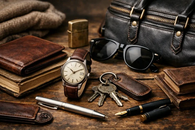 Vintage watch and leather accessories on rustic wooden table with sunglasses and keys