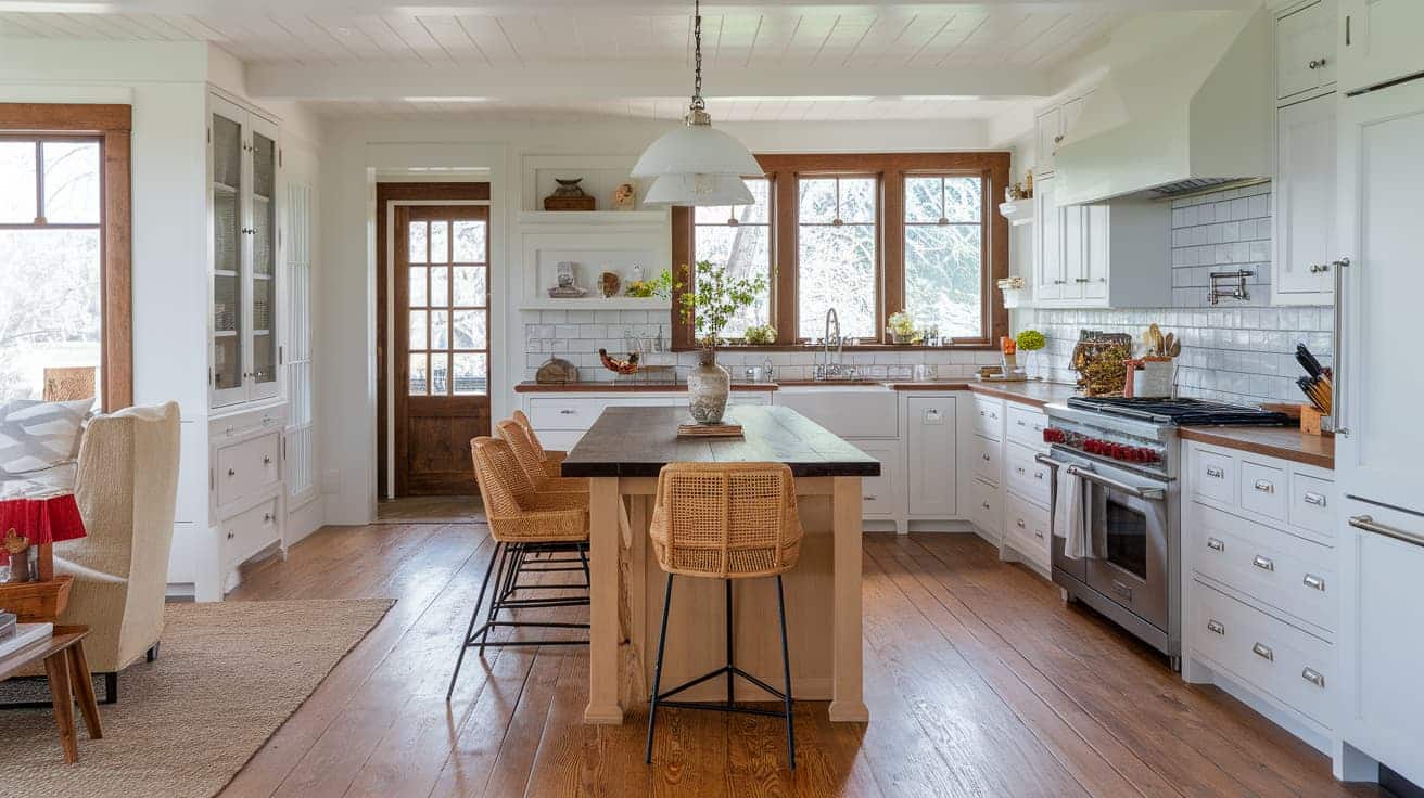 Craftsman kitchen with wide-plank hardwood floors, white perimeter cabinets, and a central wood island.