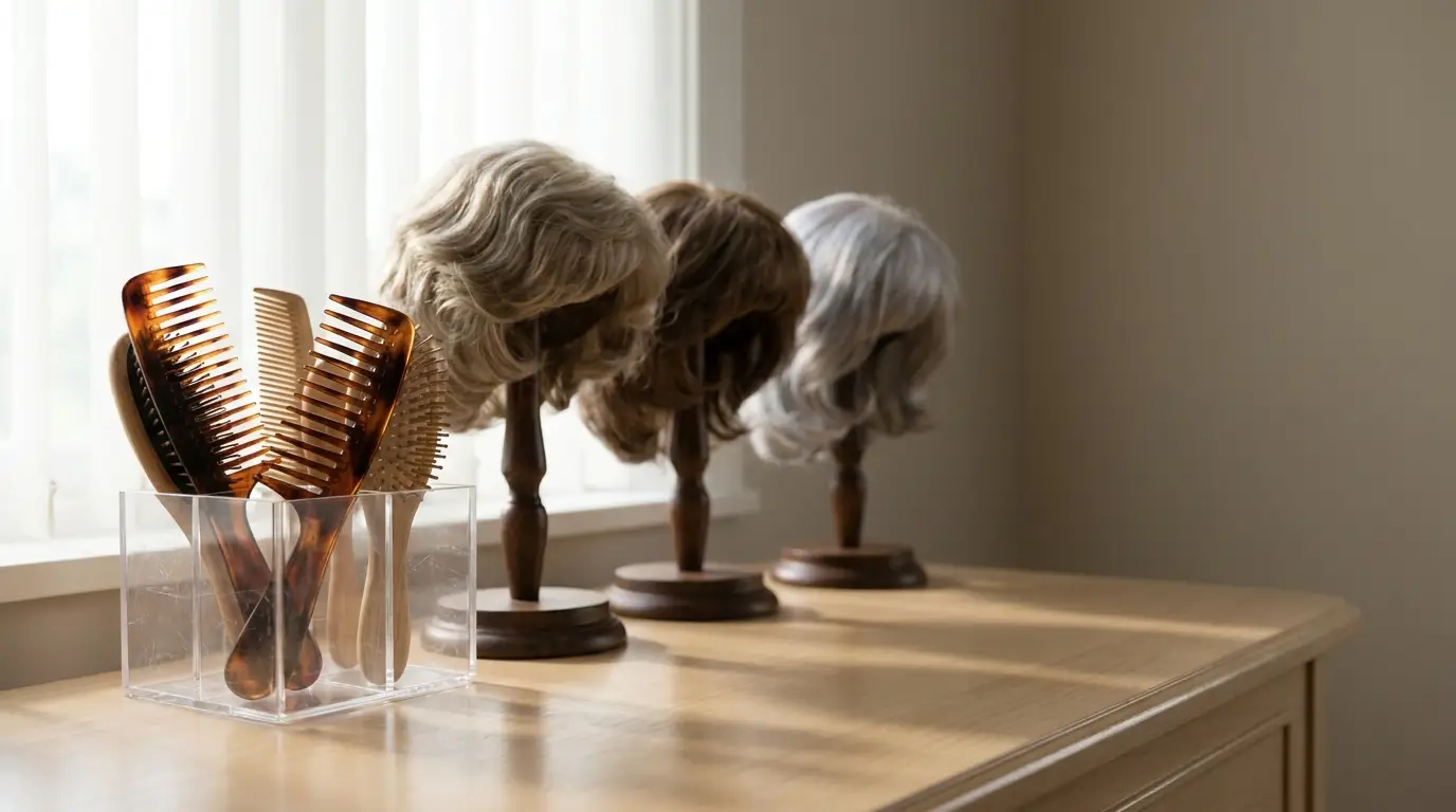 Wigs on wooden stands and combs in a clear organizer on light wooden table