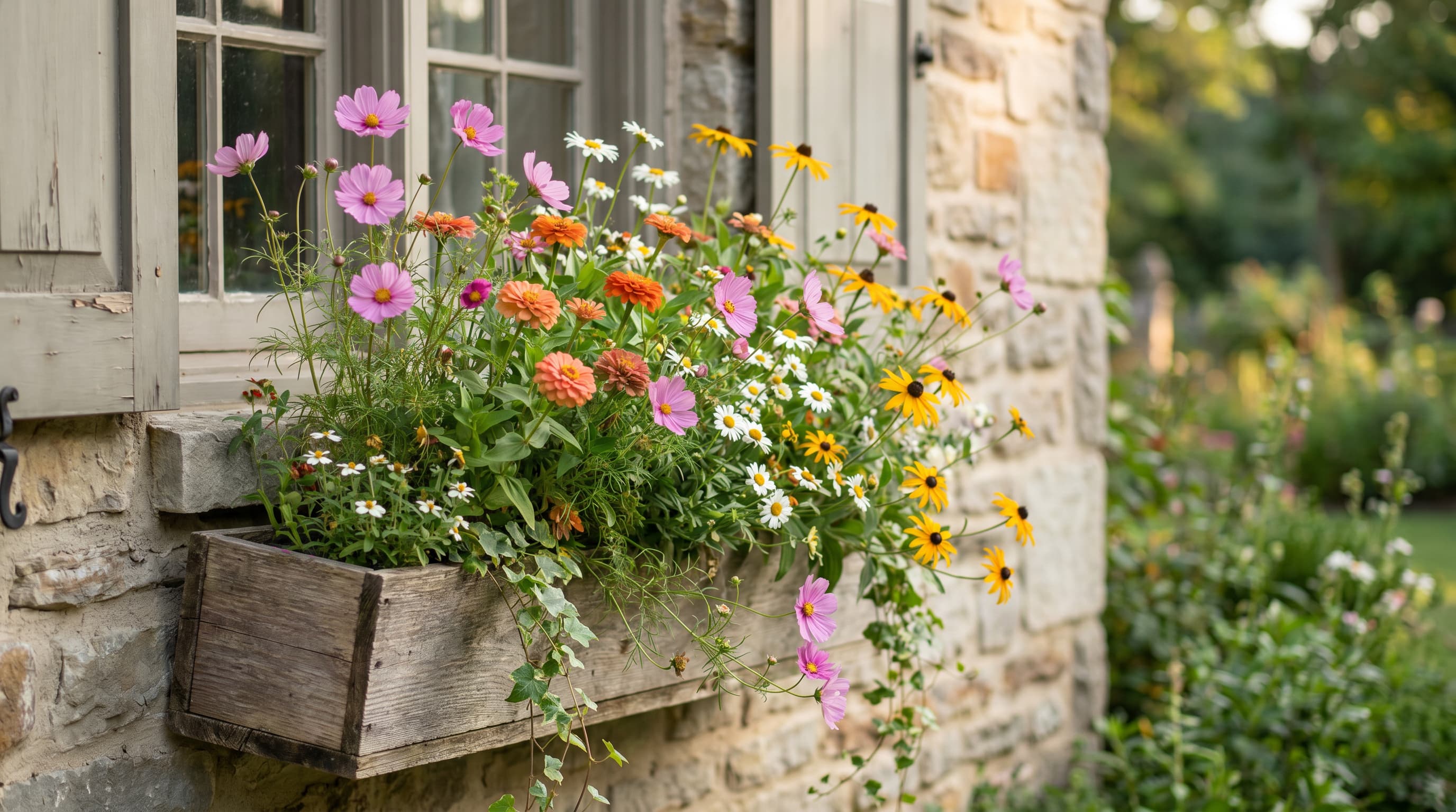 Wildflower-inspired window box with purple, white, blue flowers, ornamental grasses, and trailing greenery.