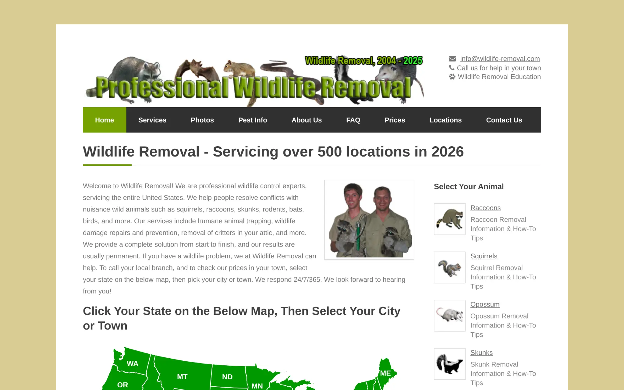 Wildlife removal website homepage with animal icons and contact information in a clean layout