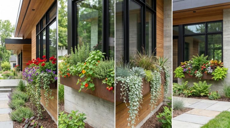 Modern home with colorful window boxes featuring flowers, herbs, succulents, and cascading greenery.