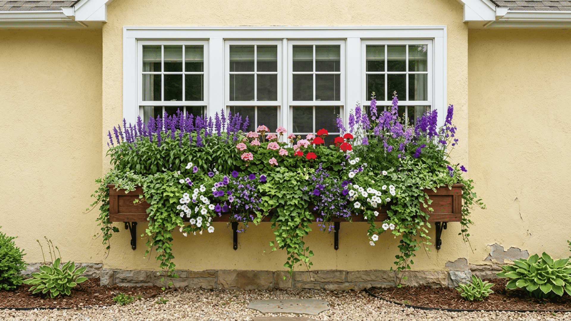 Wooden window box mounted on a yellow house wall, filled with purple, red, pink, and white flowers, with greenery trailing over the edges.