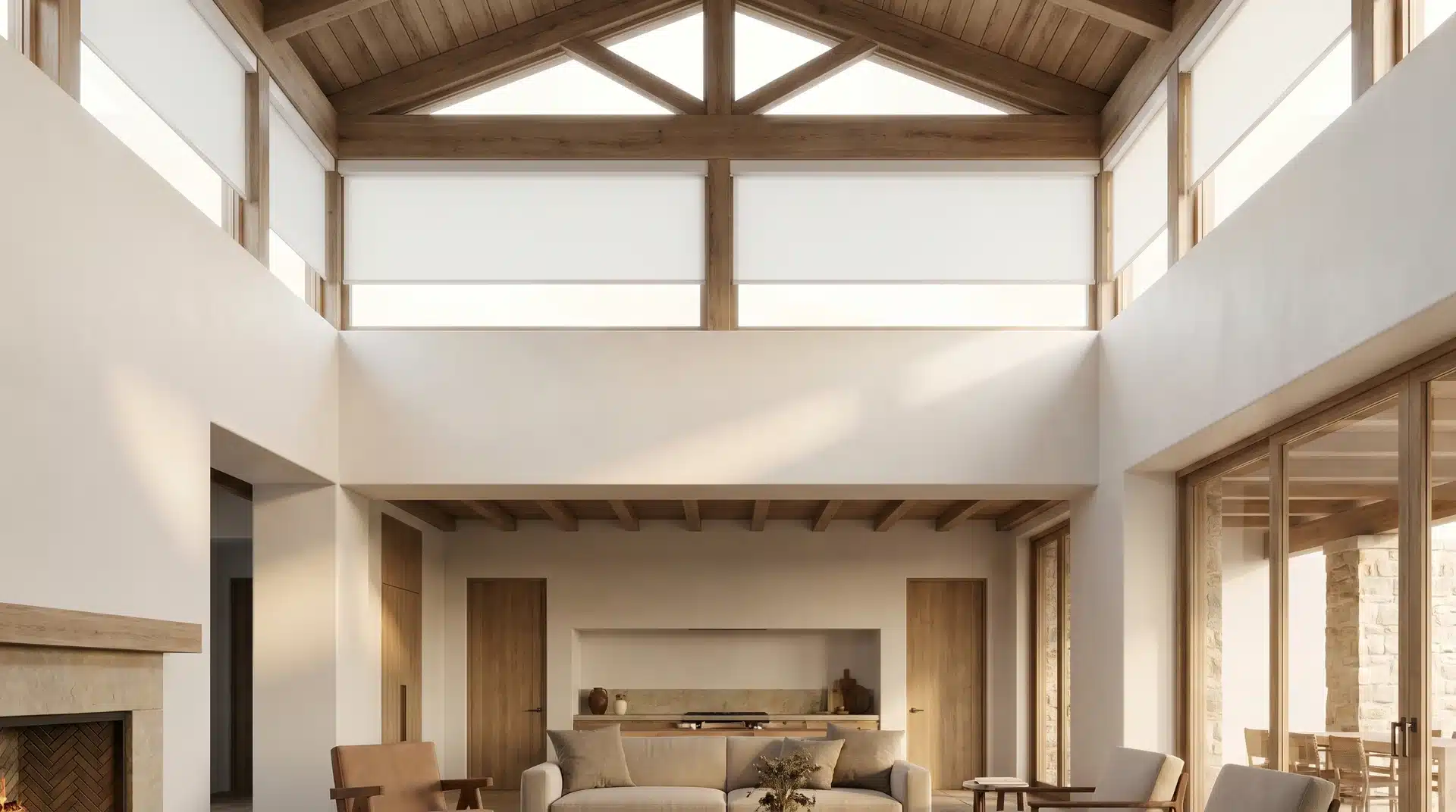 Clerestory windows near the roofline fitted with white motorized roller blinds filtering warm natural light.