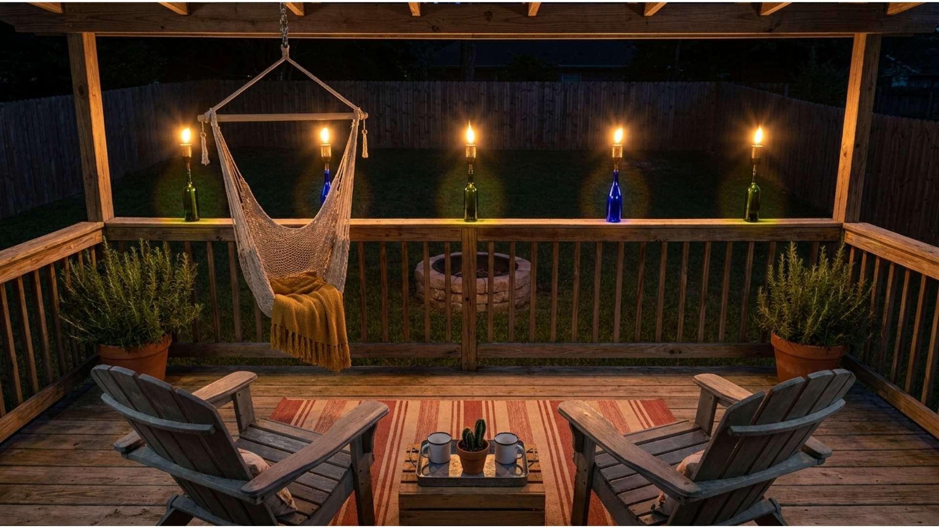 Deck railing at night lined with torch stakes holding glowing green and cobalt wine bottles lit from within by amber LED modules