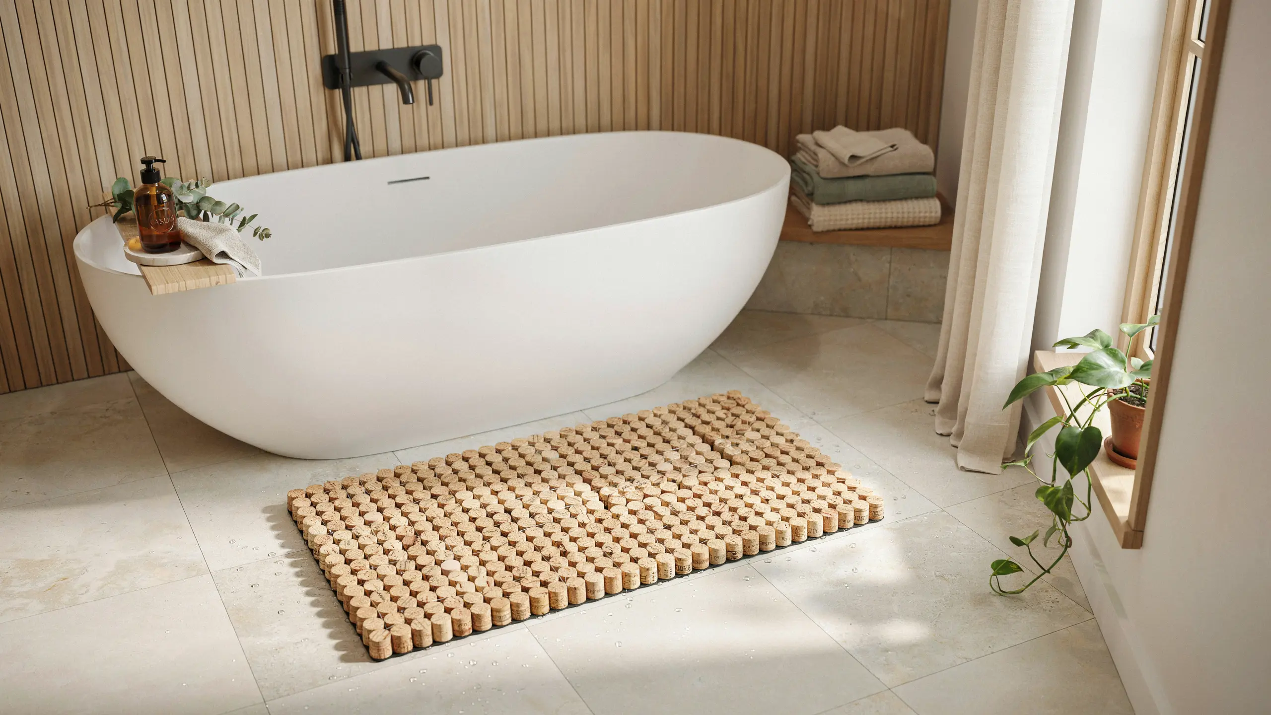 Wine cork bath mat in modern bathroom with spa-style décor.