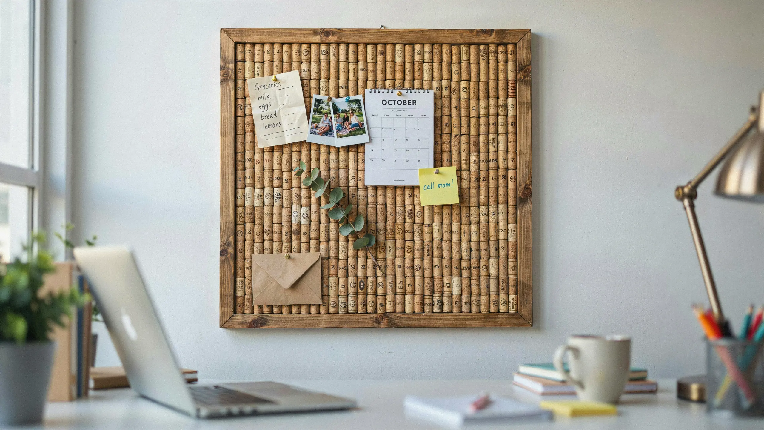 Wine cork bulletin board with pinned notes in home office.
