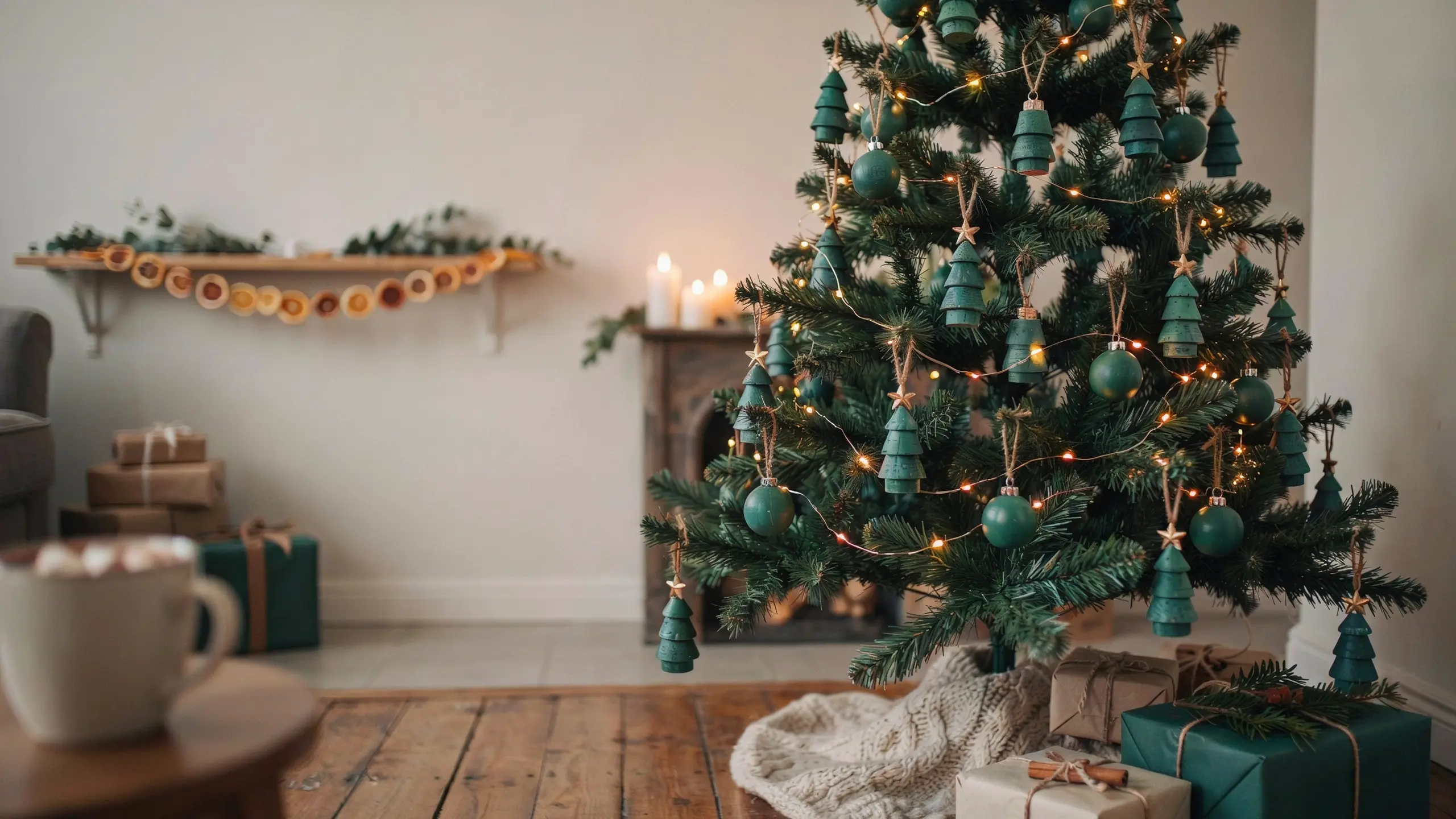 Christmas tree decorated with handmade wine cork ornaments.