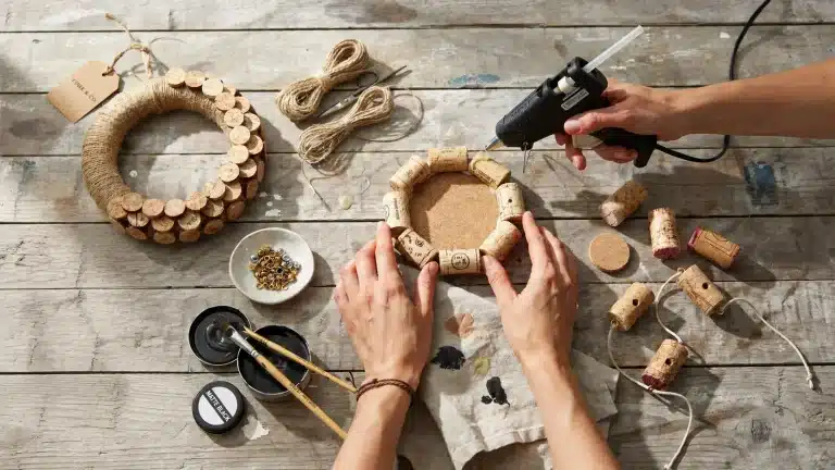 Top-down view of rustic wine cork craft workspace with hands assembling cork wreath using glue gun on wooden table