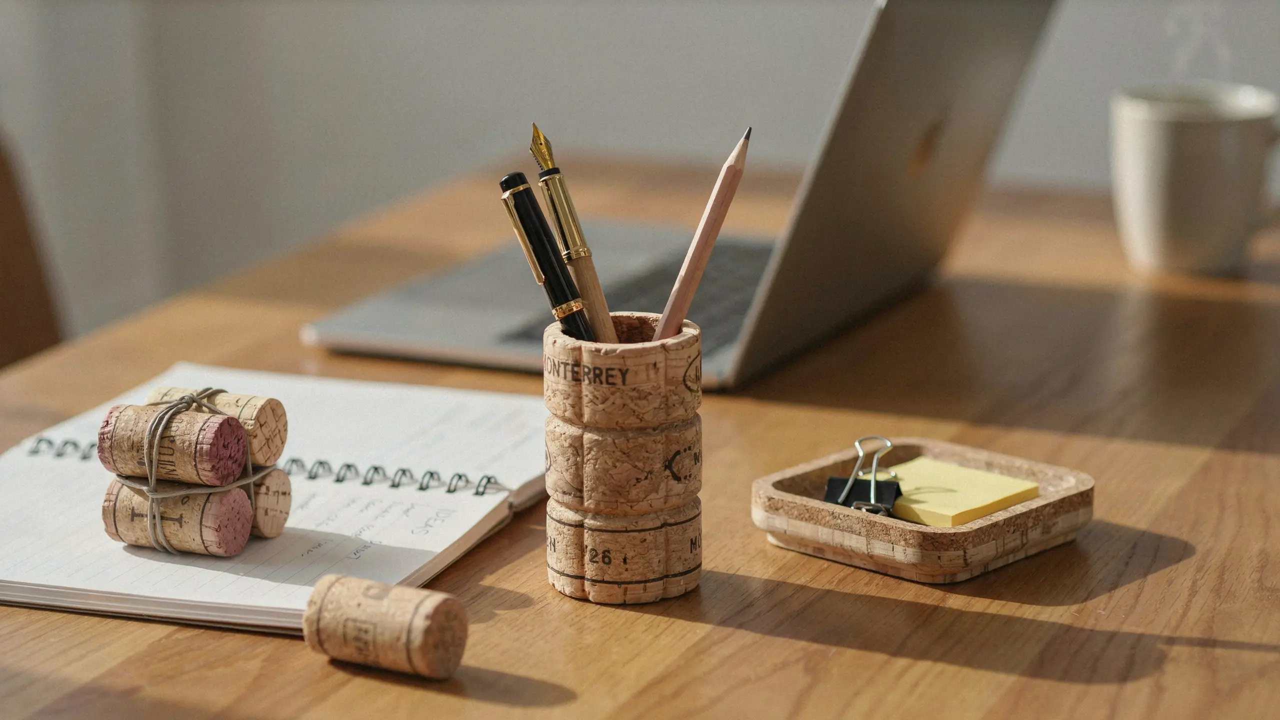 Wine cork desk organizer set with pen holder and tray on office desk.