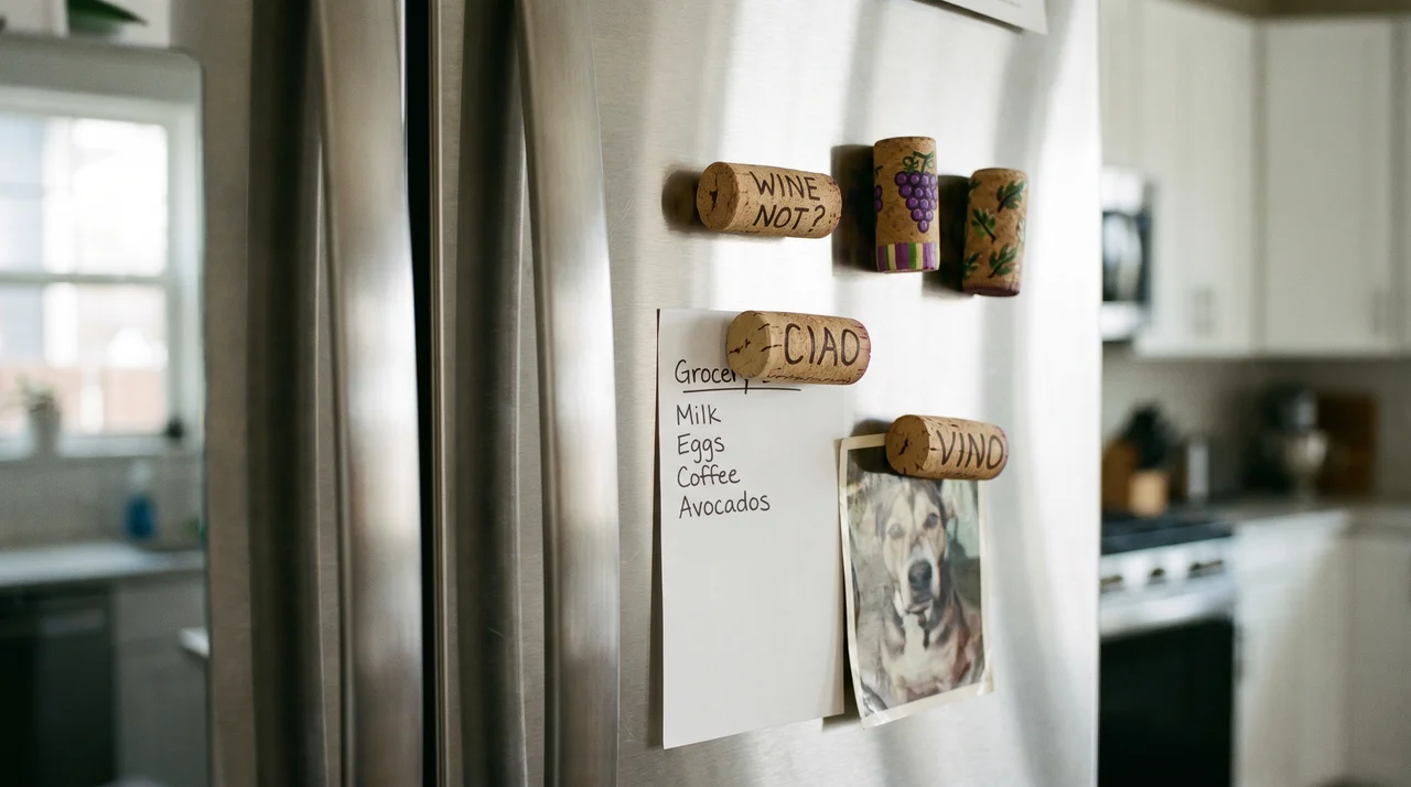 Wine cork fridge magnets holding notes on stainless steel refrigerator.