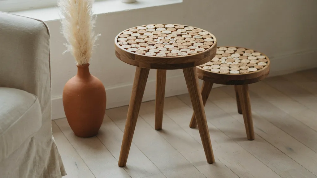 Furniture surface decorated with wine cork slice accents.