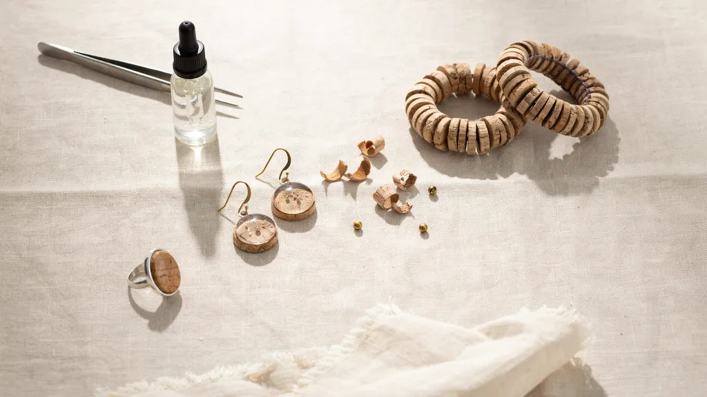 Handmade wine cork earrings and bracelets on wooden surface.