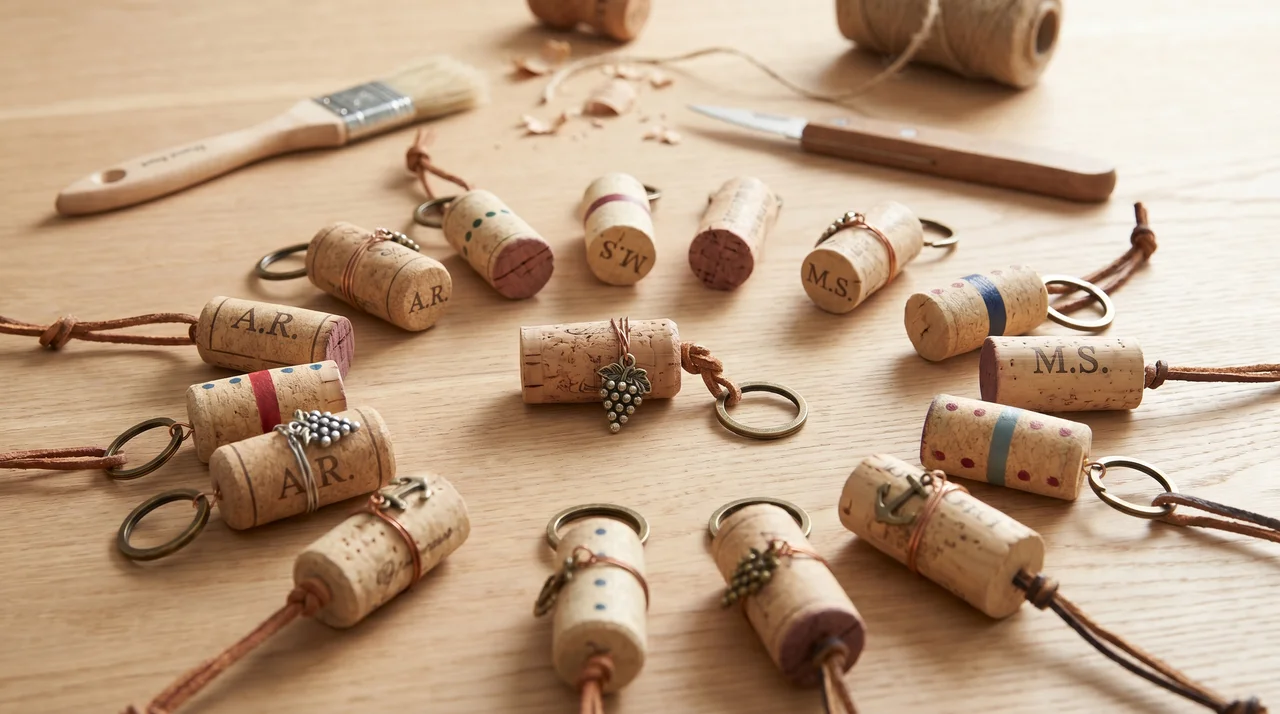 Personalized wine cork keychains with leather cords and initials.
