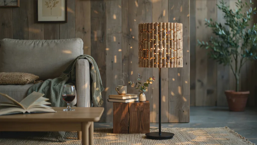 Lamp with wine cork covered lampshade casting warm patterned light.