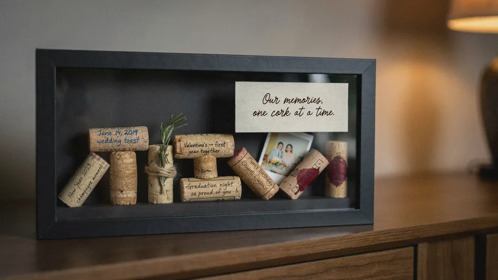 Wine cork memory shadow box display with dates and photos.