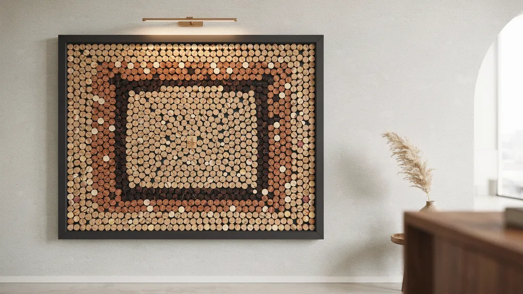 Framed wine cork mosaic wall art in modern home interior.