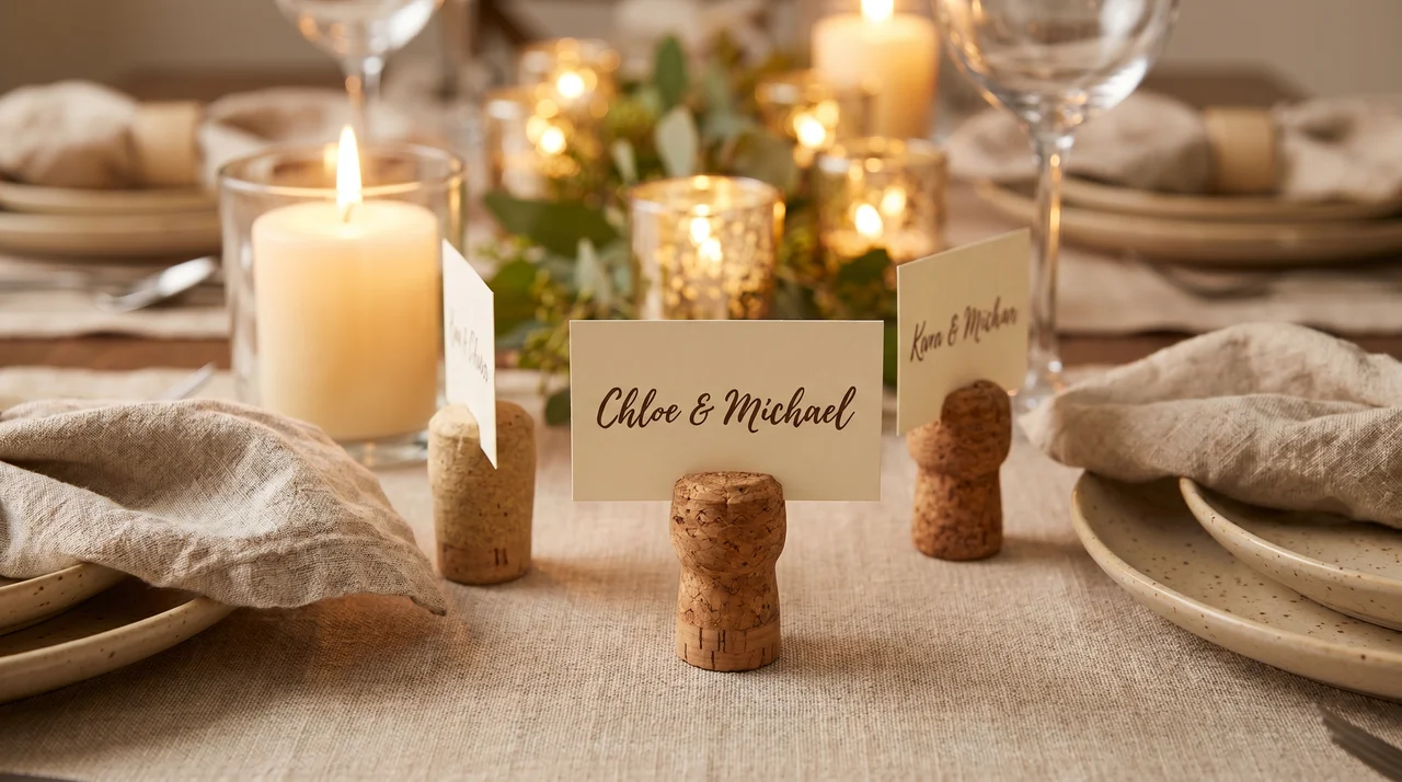 Wine cork place card holders on elegant dinner table with name cards.