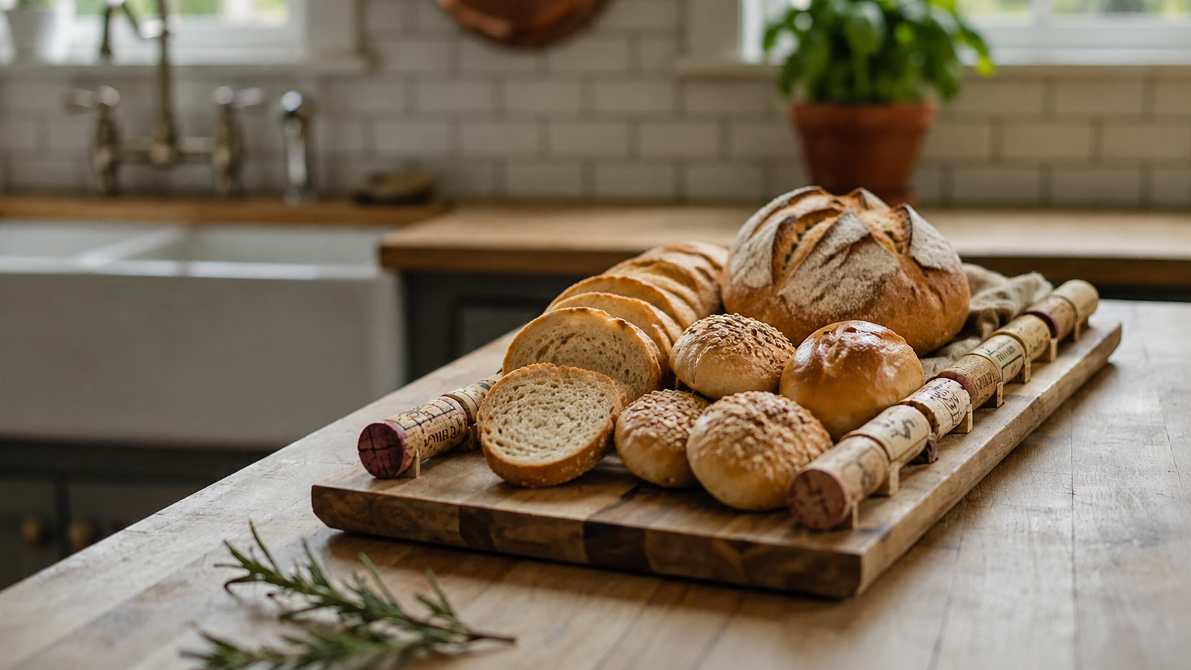 Serving tray with wine cork handles holding bread in rustic kitchen.