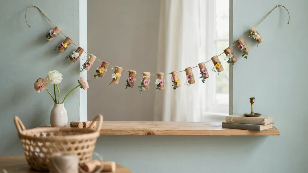 Wine cork spring garland with flowers draped on mantel.