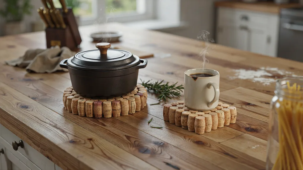 Wine cork trivets under hot pot on kitchen counter.