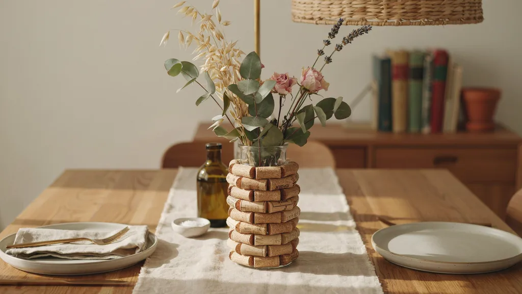 Glass vase wrapped in wine corks with flowers on dining table.