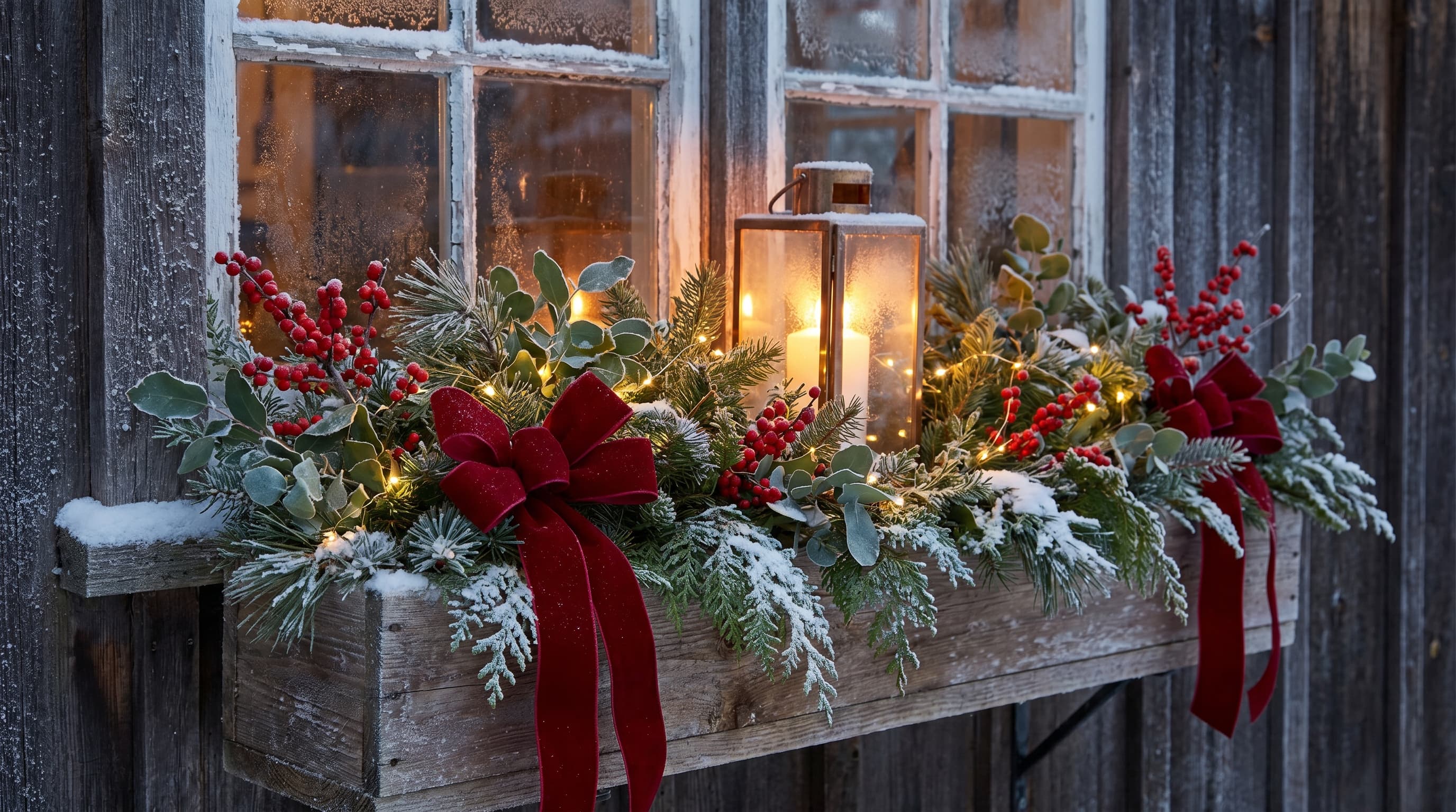 Winter evergreens with snowy accents featuring festive window box ideas.