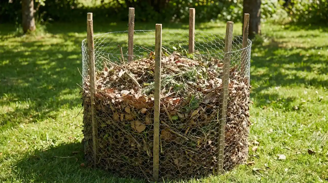 Cylindrical chicken wire DIY compost bin filled with dry leaves and garden clippings s.upported by wooden stakes outdoors