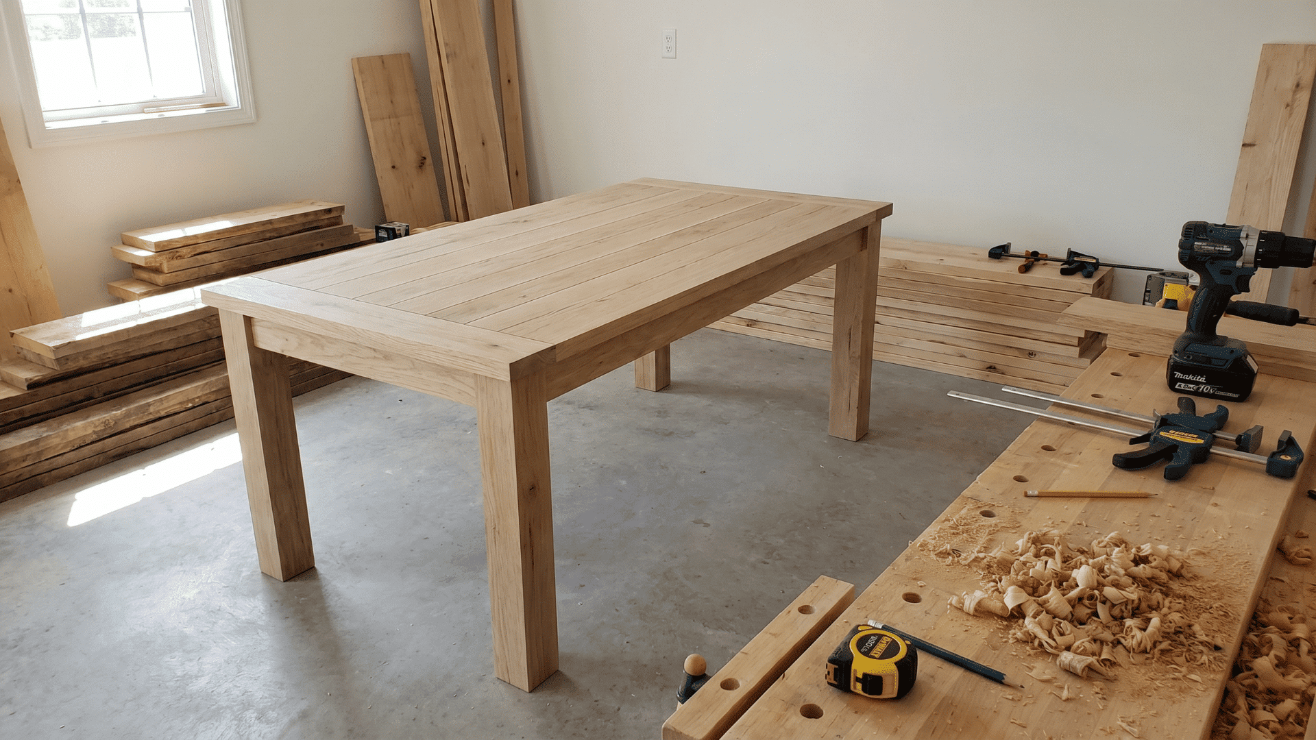 wood-farmhouse-table-in-a-workshop-with-cut-boards-and-basic-tools-nearby