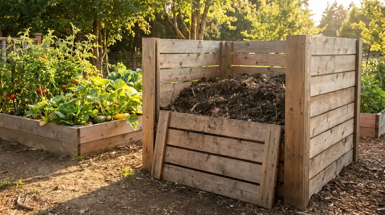 Cedar wood frame DIY compost bin with removable front slats and dark finished compost inside next to a garden bed.