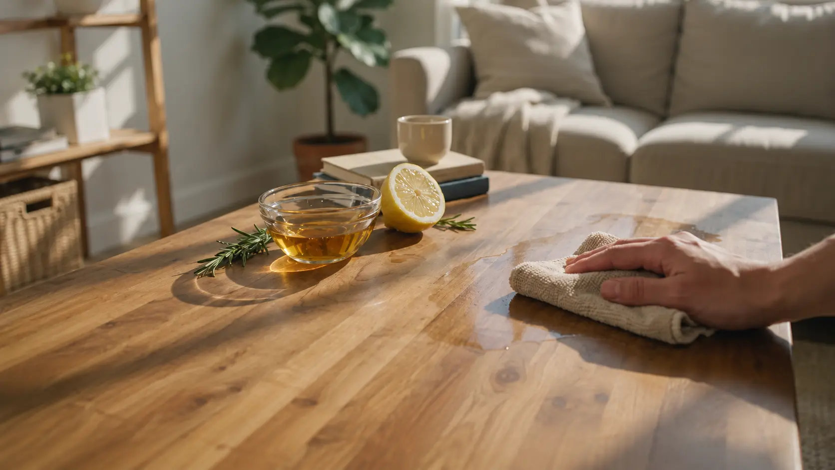 Olive oil and vinegar being used to polish wooden furniture restoring natural shine.