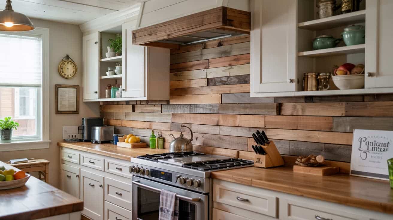 A rustic kitchen featuring textured, whitewashed reclaimed wood planks installed horizontally as a backsplash.
