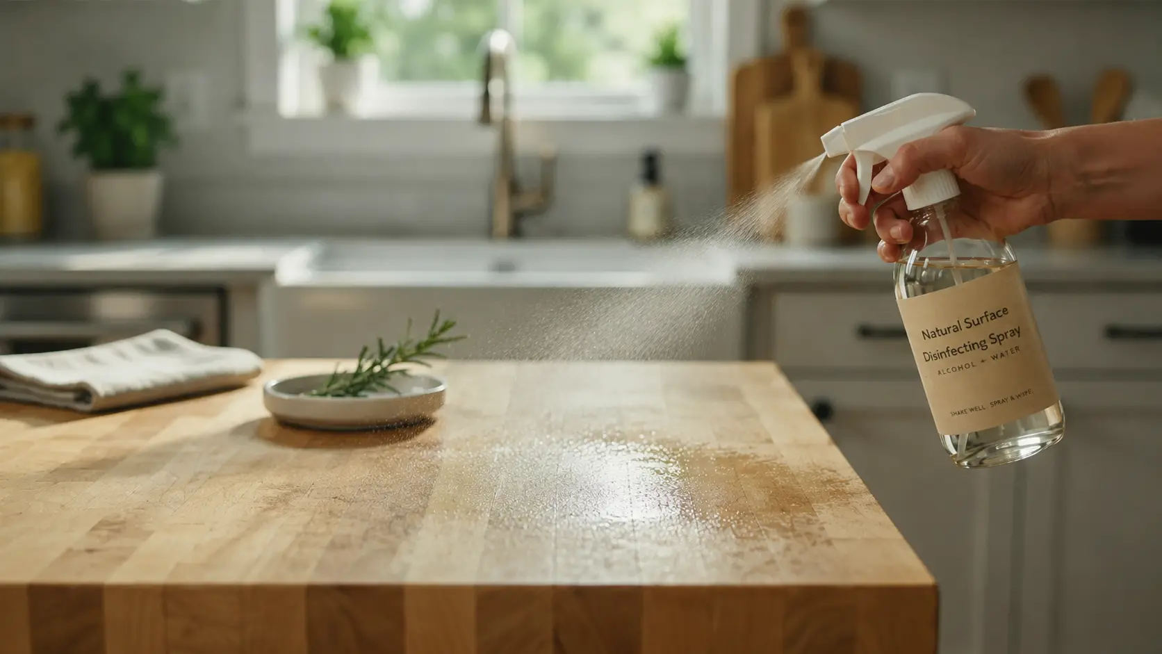 Alcohol-based DIY disinfectant spray being used on kitchen counters and light switches.