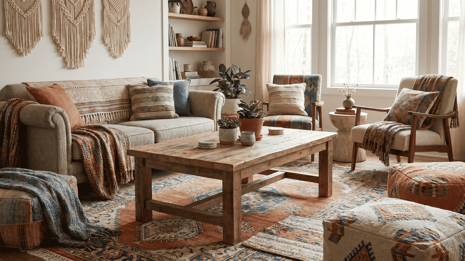 Wooden coffee table in the center of a colorful boho living room with rugs and seating