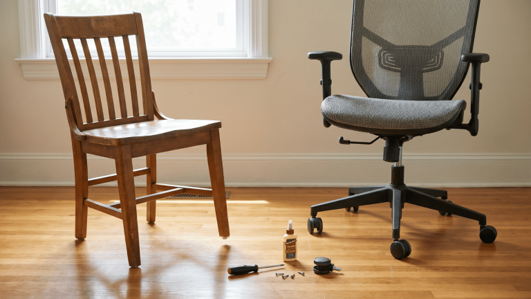 wooden-dining-chair-and-metal-office-chair-with-slight-wobble-beside-repair-tools-on-a-hardwood-floor