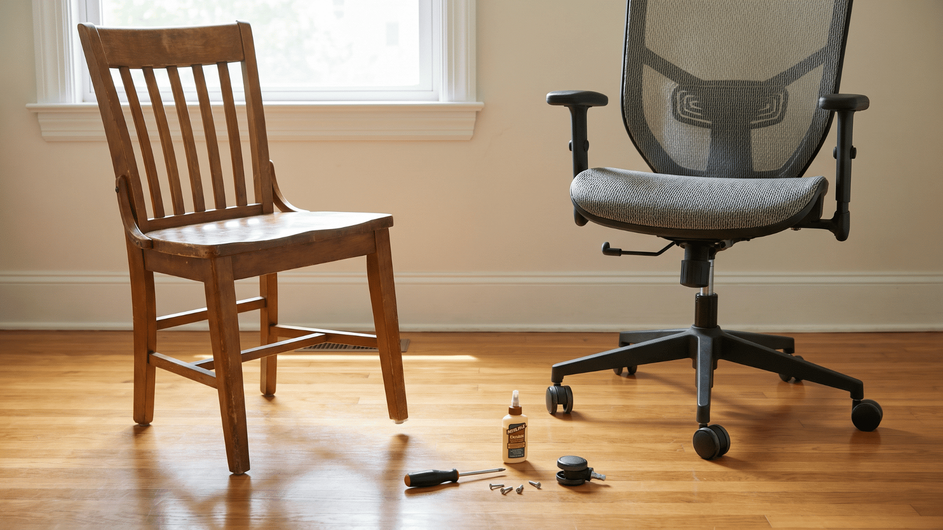 wooden-dining-chair-and-metal-office-chair-with-slight-wobble-beside-repair-tools-on-a-hardwood-floor