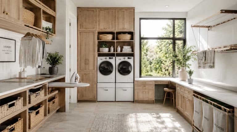 Organized modern laundry room with washer and dryer, folding counter, storage shelves, laundry baskets, and natural light designed for maximum efficiency and functionality.