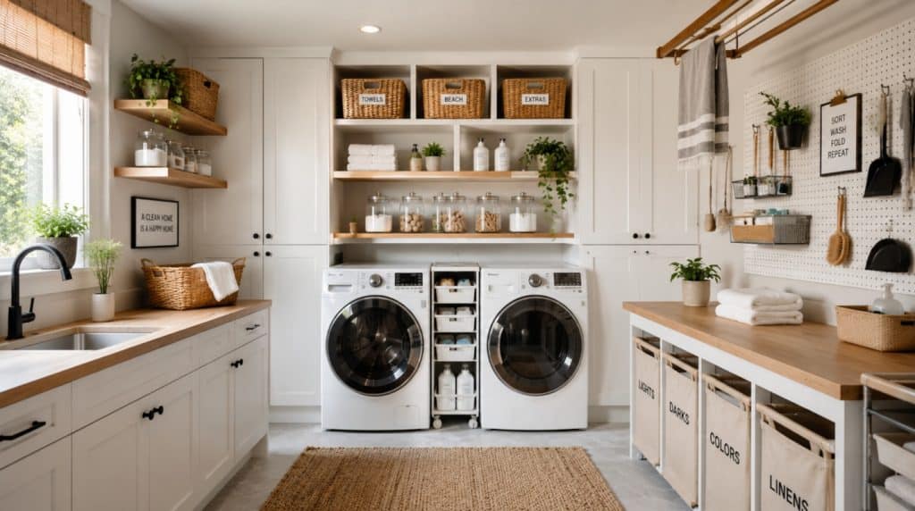 Organized laundry room featuring vertical shelving, storage baskets, cabinets, and space-saving organization solutions designed to reduce clutter and maximize storage.