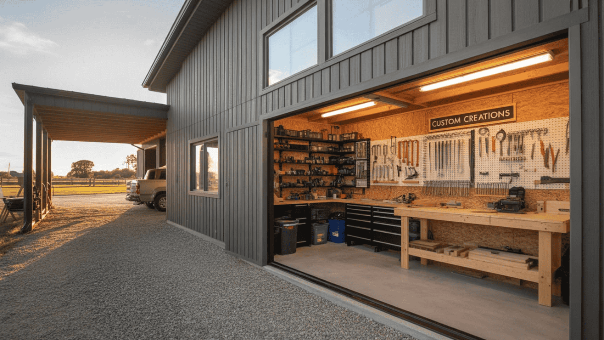 A modern barndominium with a dark gray metal exterior and an open roll-up garage door revealing an organized wooden workshop interior.