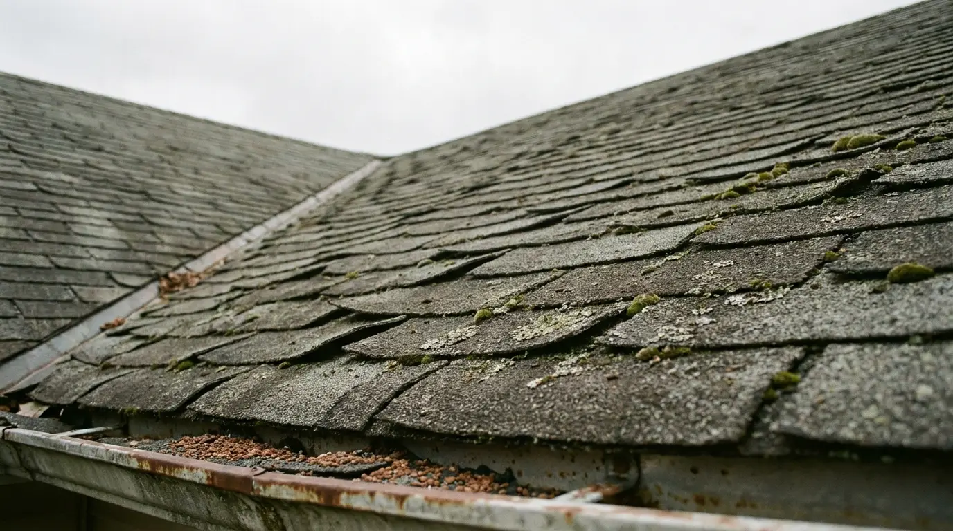 Aging roof with moss growth and debris-filled gutter in overcast setting