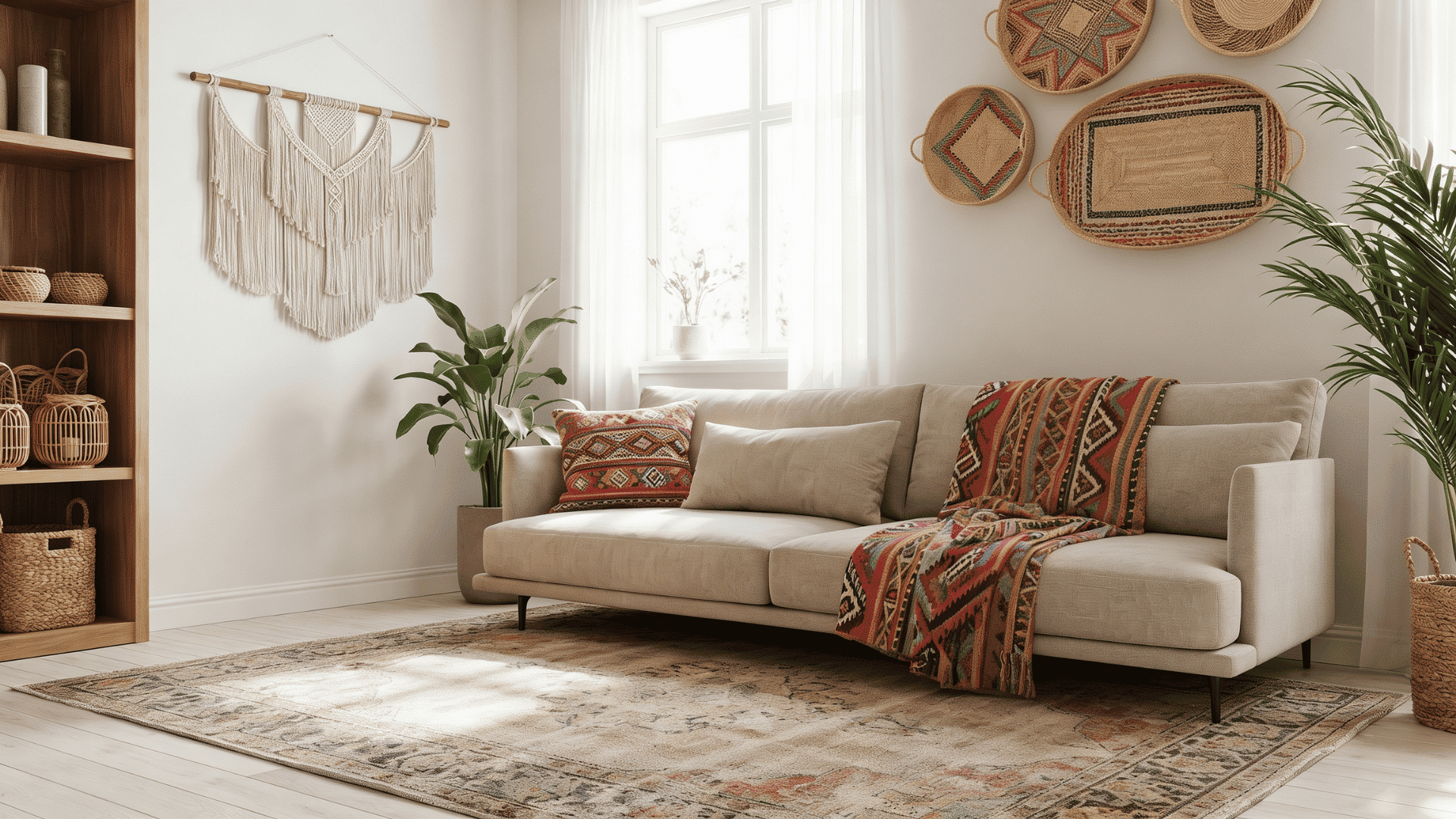 Woven baskets placed around a colorful boho living room for storage and decoration