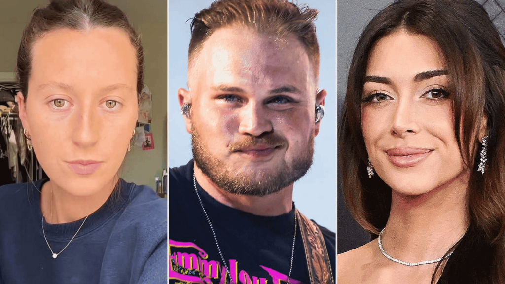 A collage of three portraits side-by-side: a woman with pulled-back hair on the left, musician Zach Bryan in the center, and a woman with long dark hair on the right.