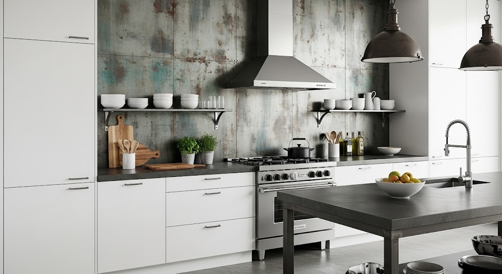 An industrial-style kitchen backsplash made from a solid zinc sheet showing a beautiful weathered patina.