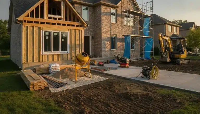 Construction site with brick house, yellow cement mixer, scaffolding, and excavator in evening light