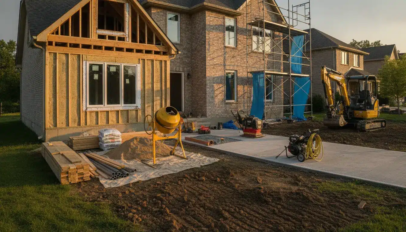 Construction site with brick house, yellow cement mixer, scaffolding, and excavator in evening light