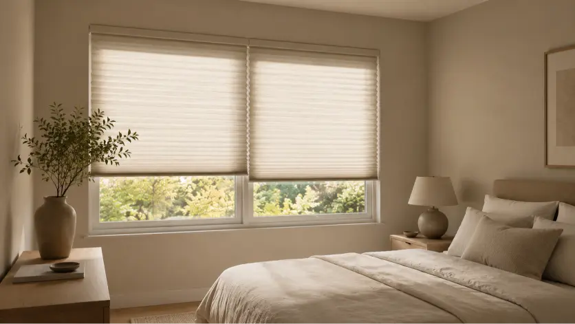 Pleated cellular shades partially raised in a bedroom window highlighting honeycomb texture and soft light diffusion.