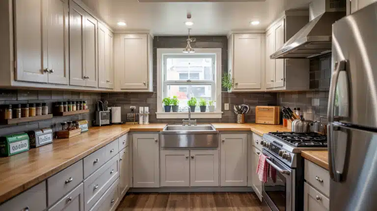 Custom gray cabinetry installed across a modern bathroom vanity, home office desk, and a wine bar setup.