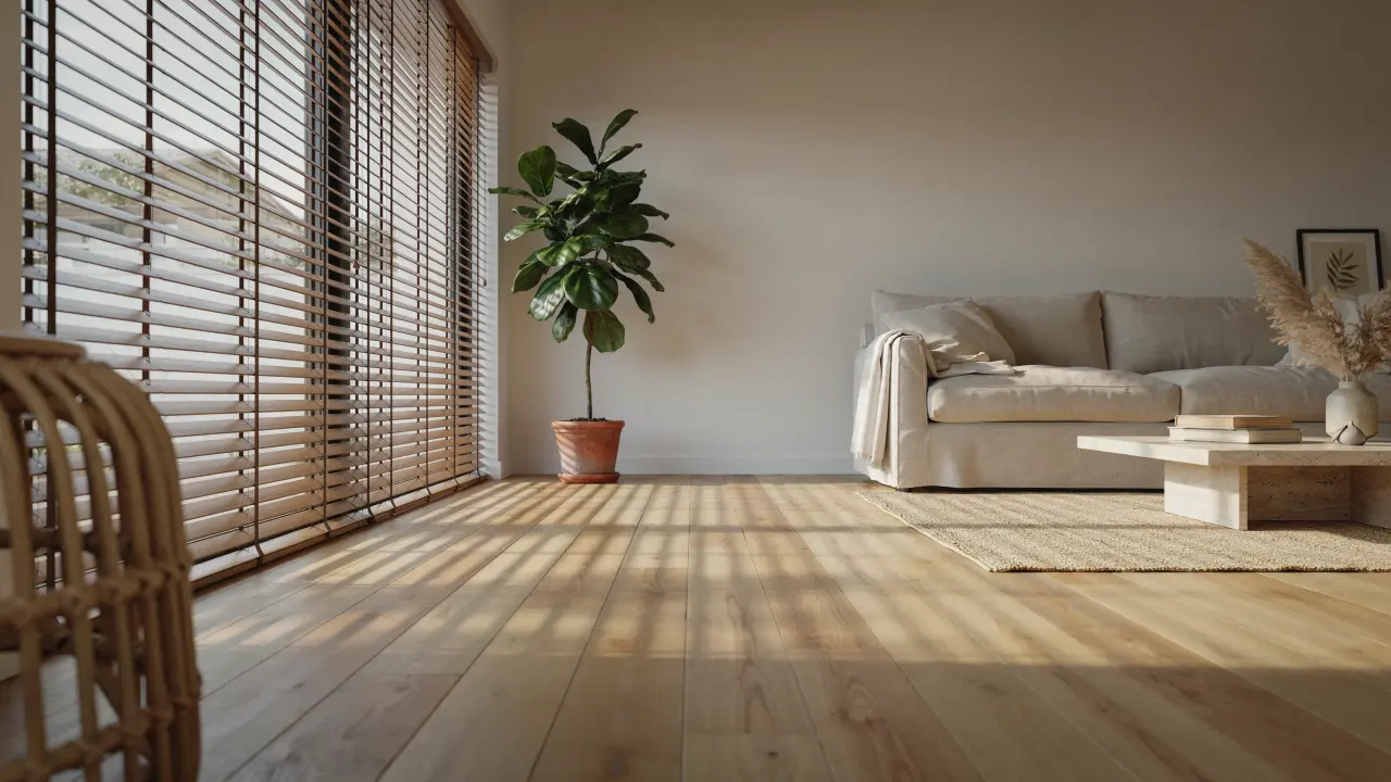 Bamboo woven blinds filtering sunlight in a warm living room with natural textures and earthy interior styling.