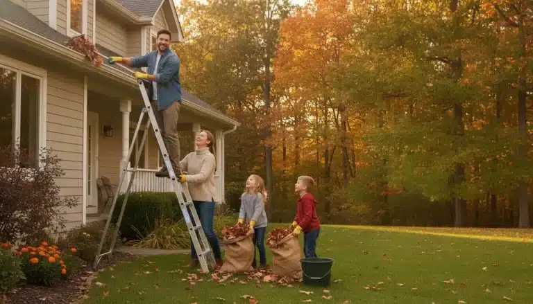 Man cleaning gutters on a ladder assisted by family in autumn garden setting